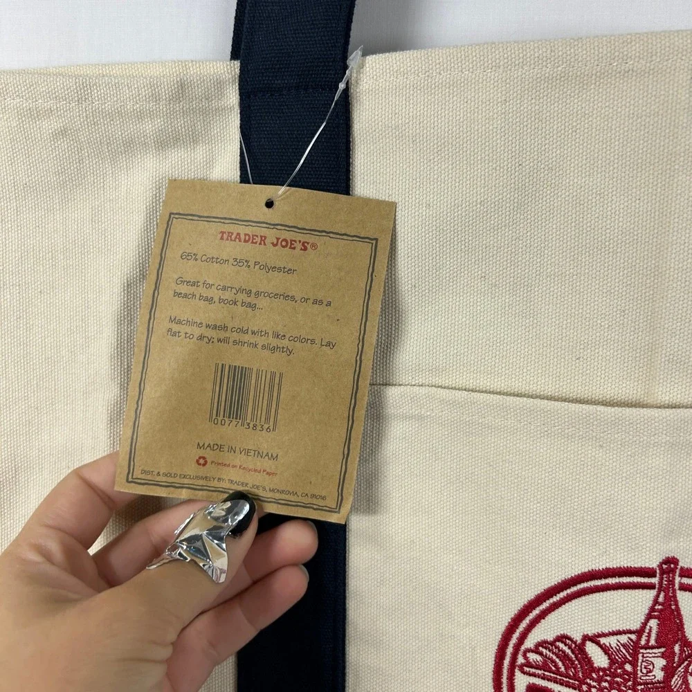 Trader Joe's Canvas Reusable Tote Bag – Cream & Navy Blue Embroidered Logo
